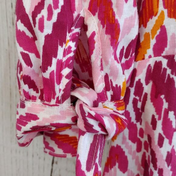 Emily Daniels Pink-Multi Ikat Linen-Blend V-Neck 1/2-Sleeve Button-Up Top Small - Picture 4 of 9